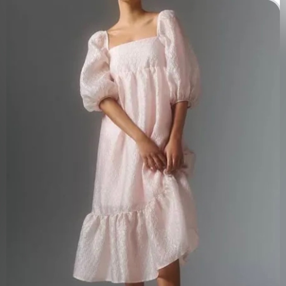 🌸NWT By Anthropologie Textured Pink Puff-Sleeve Dress🌸RUNS A SIZE SMALL